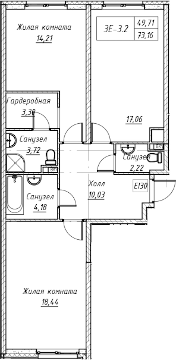 2-комнатная квартира 73.52 м², 4/14 эт., Комплекс апартаментов «Zoom на Неве»